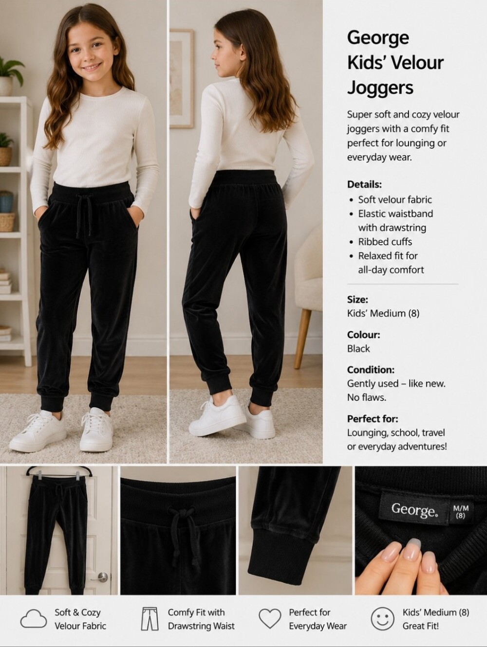 3/$15 George Black Velour Joggers